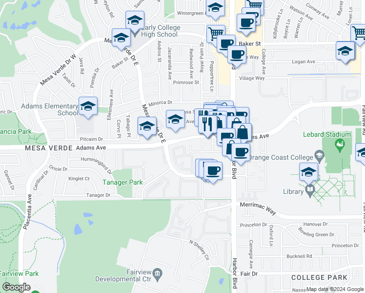 map of restaurants, bars, coffee shops, grocery stores, and more near Beechwood in Costa Mesa