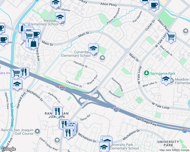 map of restaurants, bars, coffee shops, grocery stores, and more near 17481 Wayne Avenue in Irvine