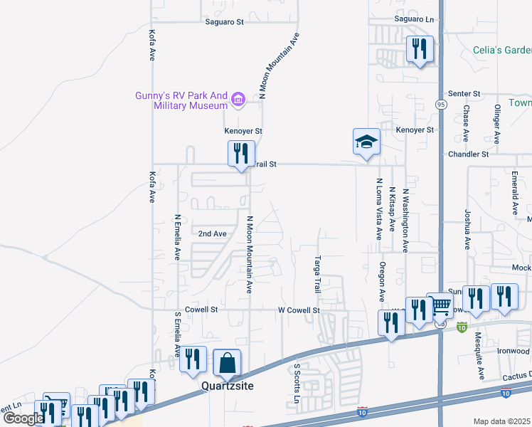 map of restaurants, bars, coffee shops, grocery stores, and more near 191-271 North Moon Mountain Avenue in Quartzsite