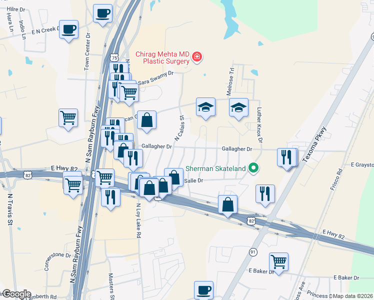 map of restaurants, bars, coffee shops, grocery stores, and more near 3210 Northridge Drive in Sherman