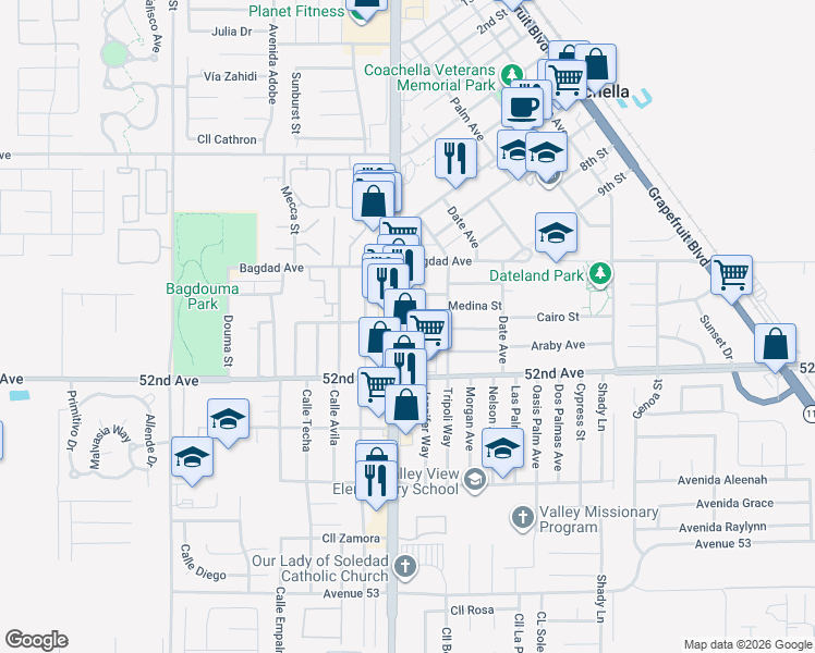 map of restaurants, bars, coffee shops, grocery stores, and more near 51704 Cesar Chavez Street in Coachella