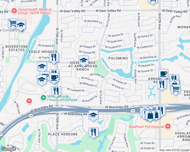 map of restaurants, bars, coffee shops, grocery stores, and more near 7156 West Irma Lane in Glendale