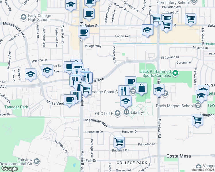 map of restaurants, bars, coffee shops, grocery stores, and more near 1369 Adams Avenue in Costa Mesa