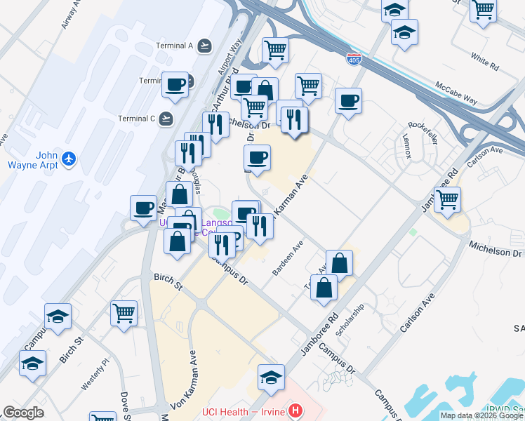 map of restaurants, bars, coffee shops, grocery stores, and more near 2300 Dupont Drive in Irvine