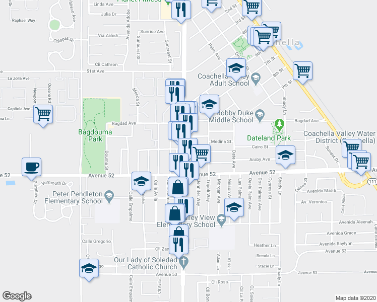 map of restaurants, bars, coffee shops, grocery stores, and more near 51704 Harrison Street in Coachella