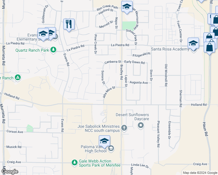 map of restaurants, bars, coffee shops, grocery stores, and more near 26900 Alta Mira Street in Menifee