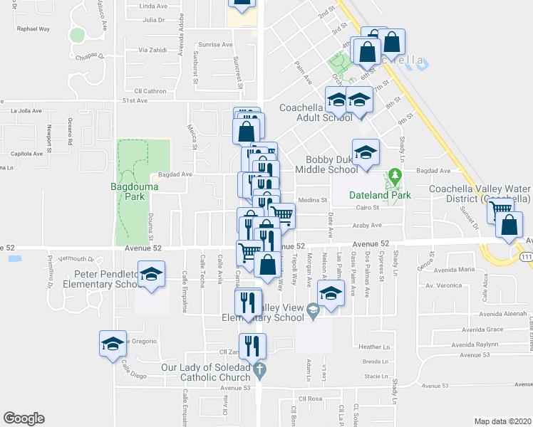 map of restaurants, bars, coffee shops, grocery stores, and more near 51704 Cesar Chavez Street in Coachella