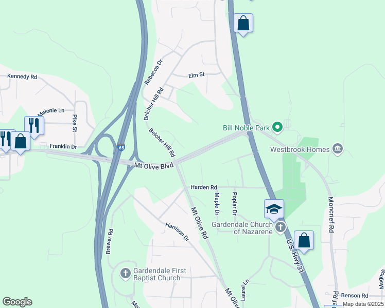 map of restaurants, bars, coffee shops, grocery stores, and more near Mount Olive Boulevard in Gardendale