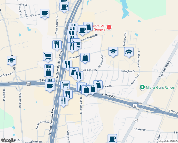 map of restaurants, bars, coffee shops, grocery stores, and more near 3206 Burgandy Drive in Sherman