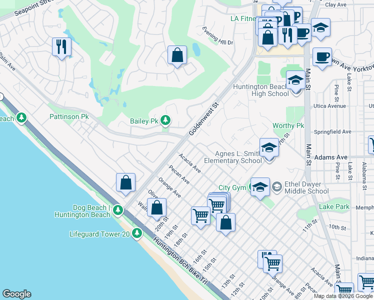 map of restaurants, bars, coffee shops, grocery stores, and more near 525 22nd Street in Huntington Beach