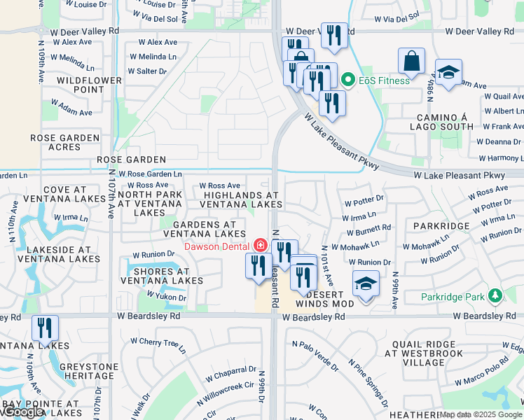 map of restaurants, bars, coffee shops, grocery stores, and more near 20702 North Lake Pleasant Road in Peoria