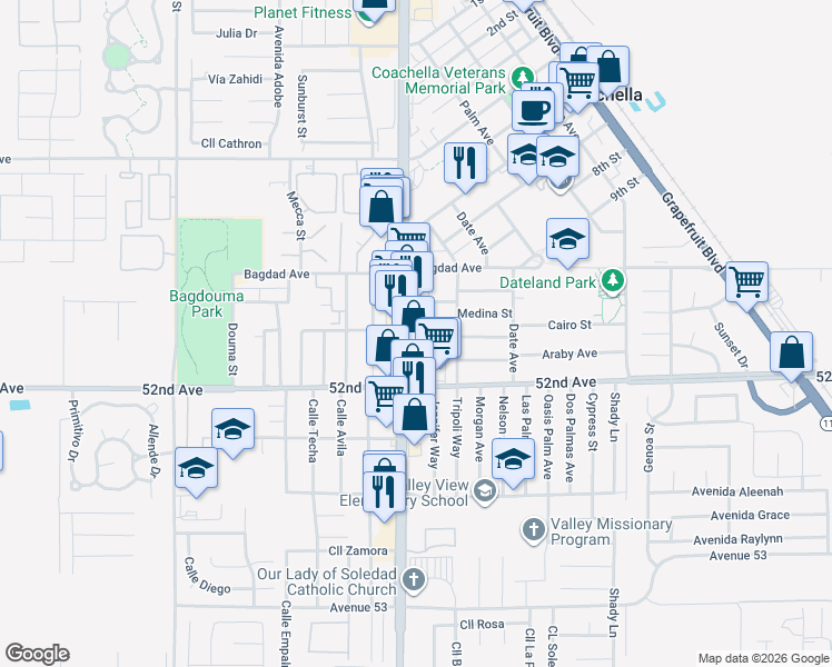 map of restaurants, bars, coffee shops, grocery stores, and more near 51800 Cesar Chavez Street in Coachella