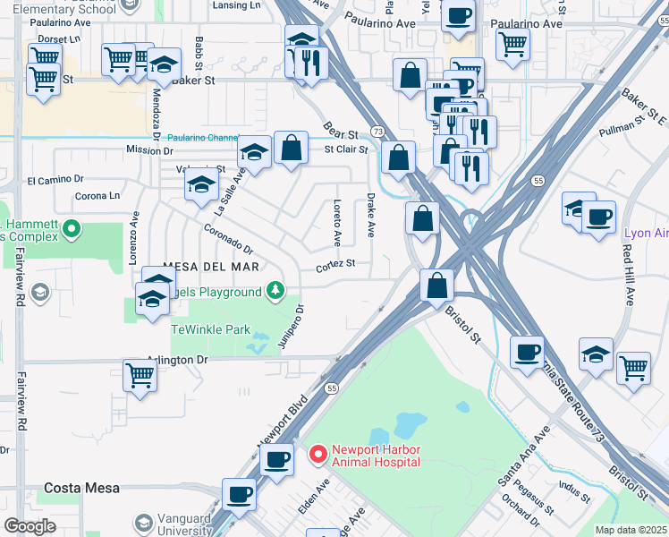 map of restaurants, bars, coffee shops, grocery stores, and more near 843 Presidio Drive in Costa Mesa