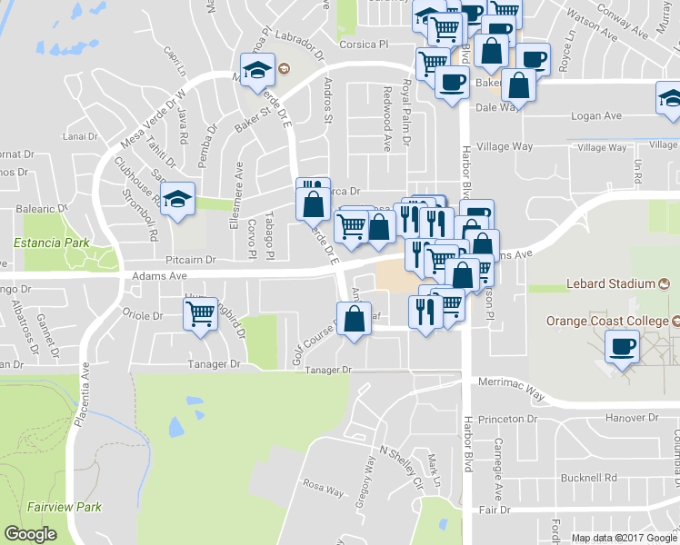 map of restaurants, bars, coffee shops, grocery stores, and more near 2755 Mesa Verde Drive East in Costa Mesa