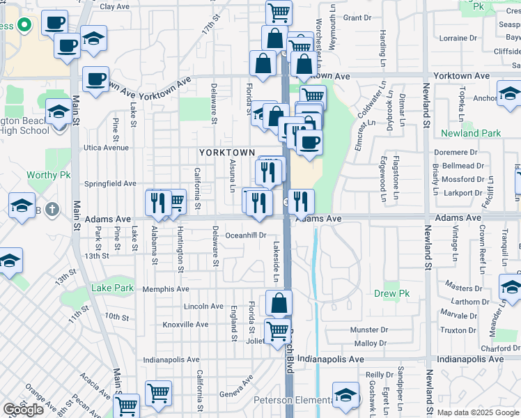 map of restaurants, bars, coffee shops, grocery stores, and more near 714 Adams Avenue in Huntington Beach