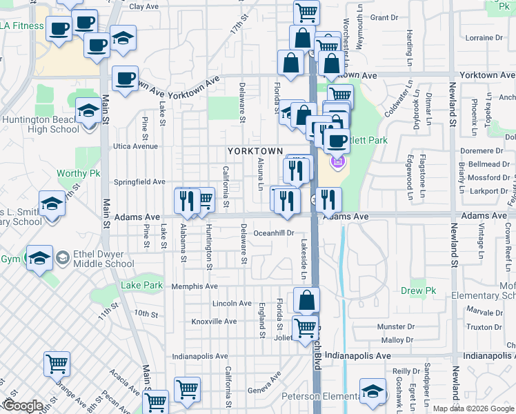 map of restaurants, bars, coffee shops, grocery stores, and more near 1617 Hillcrest Circle in Huntington Beach