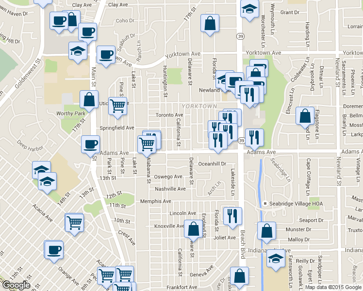 map of restaurants, bars, coffee shops, grocery stores, and more near 315 Coral Reef Drive in Huntington Beach