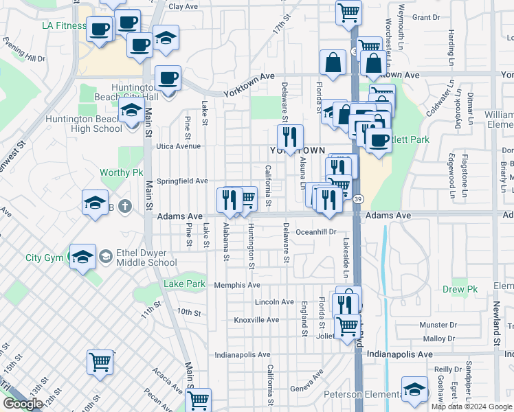 map of restaurants, bars, coffee shops, grocery stores, and more near 315 Coral Reef Drive in Huntington Beach