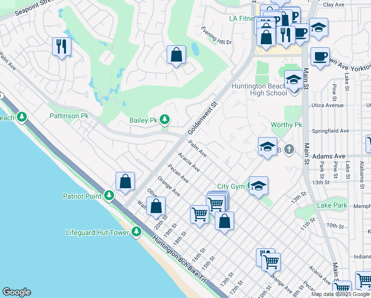 map of restaurants, bars, coffee shops, grocery stores, and more near 525 22nd Street in Huntington Beach
