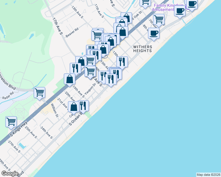 map of restaurants, bars, coffee shops, grocery stores, and more near 1607 South Ocean Boulevard in Myrtle Beach
