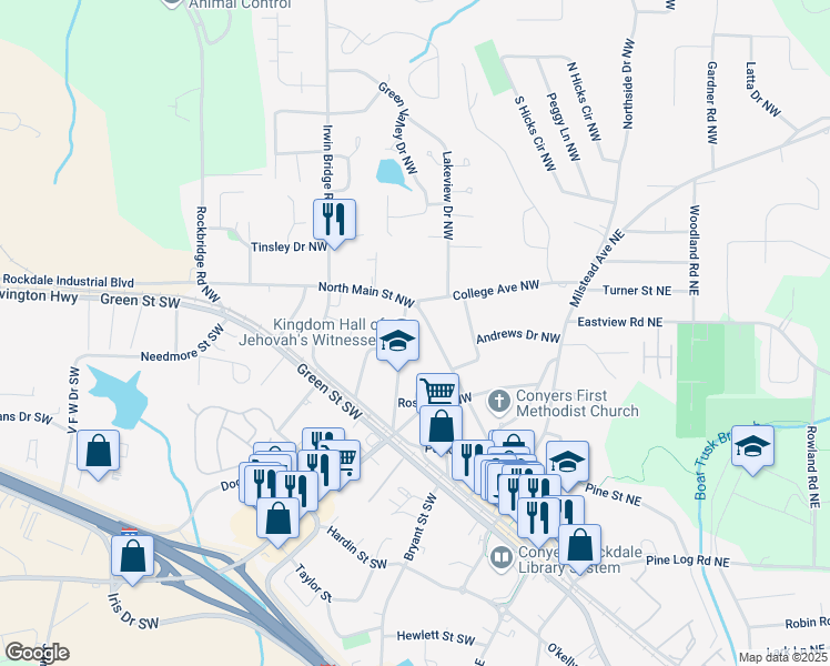 map of restaurants, bars, coffee shops, grocery stores, and more near in Conyers