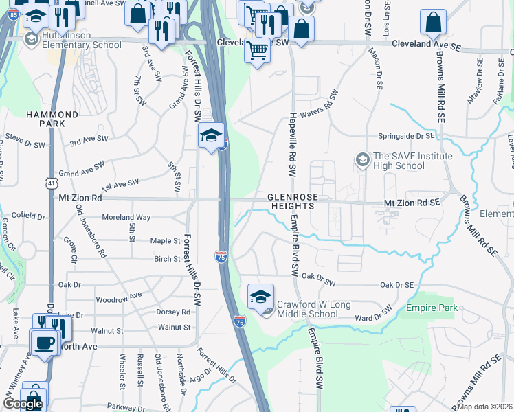 map of restaurants, bars, coffee shops, grocery stores, and more near 3020 Waters Road Southwest in Atlanta