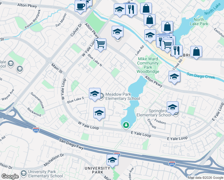 map of restaurants, bars, coffee shops, grocery stores, and more near 18 Seawind in Irvine