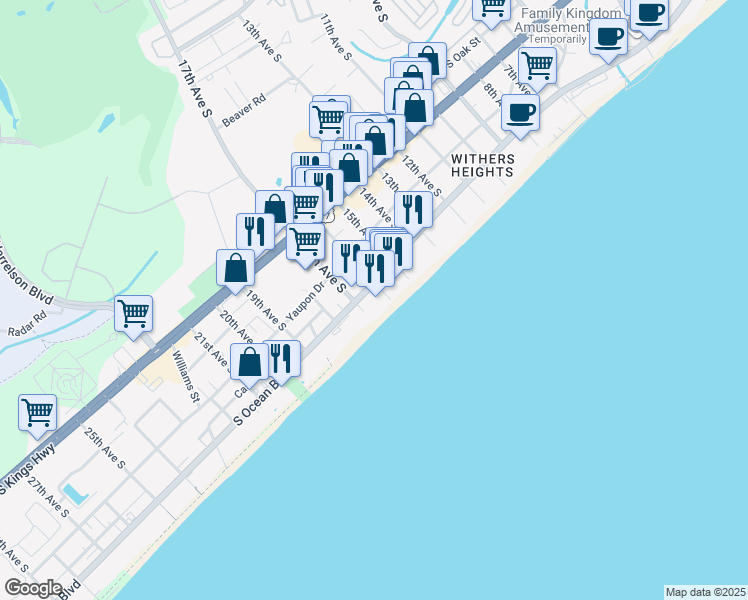 map of restaurants, bars, coffee shops, grocery stores, and more near 1605 South Ocean Boulevard in Myrtle Beach