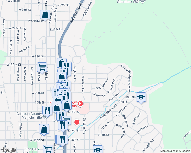 map of restaurants, bars, coffee shops, grocery stores, and more near 505 Blue Ridge Drive in Anniston