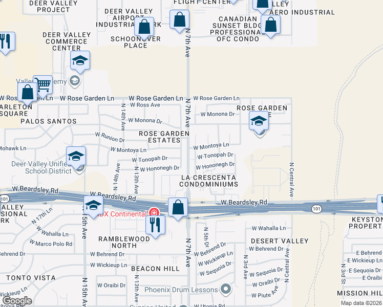 map of restaurants, bars, coffee shops, grocery stores, and more near 20413 North 8th Avenue in Phoenix