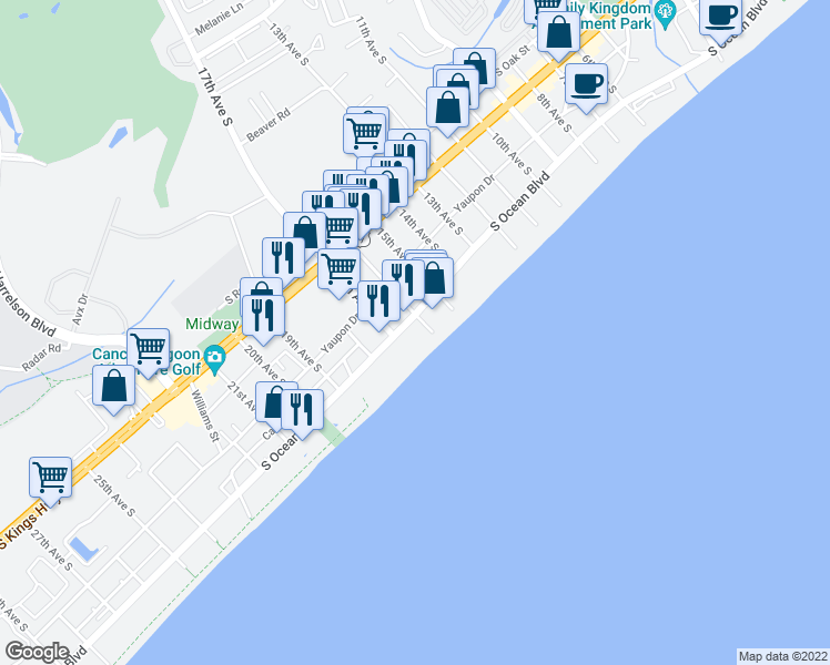 map of restaurants, bars, coffee shops, grocery stores, and more near 1607 South Ocean Boulevard in Myrtle Beach