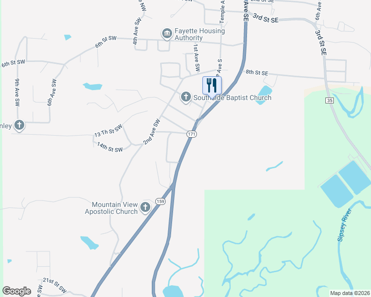 map of restaurants, bars, coffee shops, grocery stores, and more near 1516 Temple Avenue South in Fayette