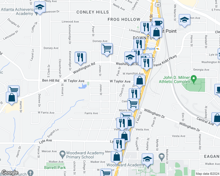 map of restaurants, bars, coffee shops, grocery stores, and more near 3030 Semmes Street in East Point