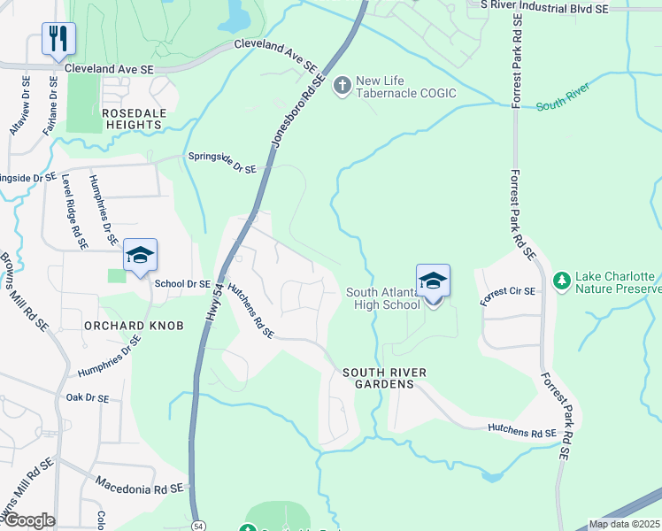 map of restaurants, bars, coffee shops, grocery stores, and more near 817 River Gardens Drive in Atlanta