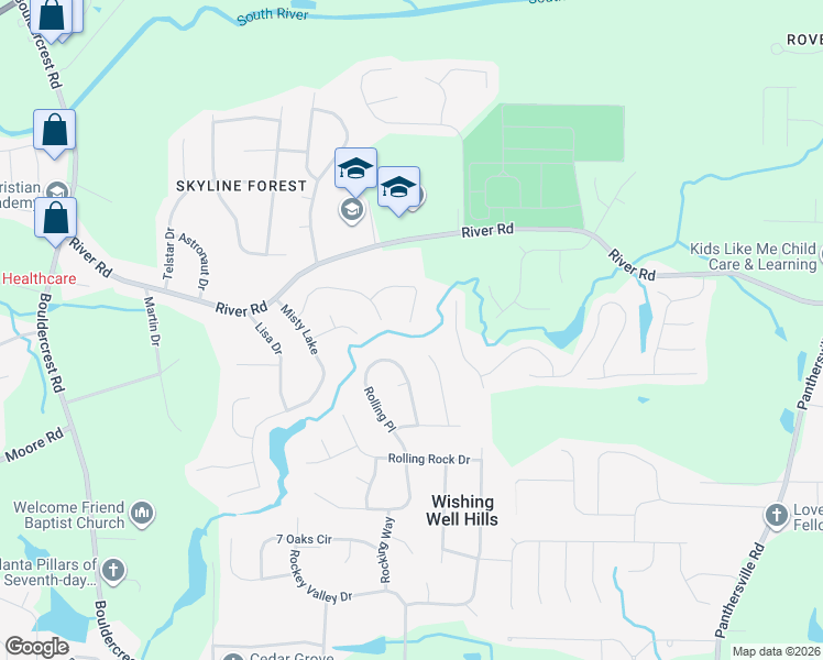 map of restaurants, bars, coffee shops, grocery stores, and more near 3611 Talonega Trail in Ellenwood
