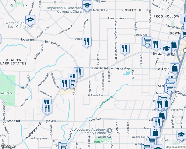 map of restaurants, bars, coffee shops, grocery stores, and more near 3046 Washington Road in East Point