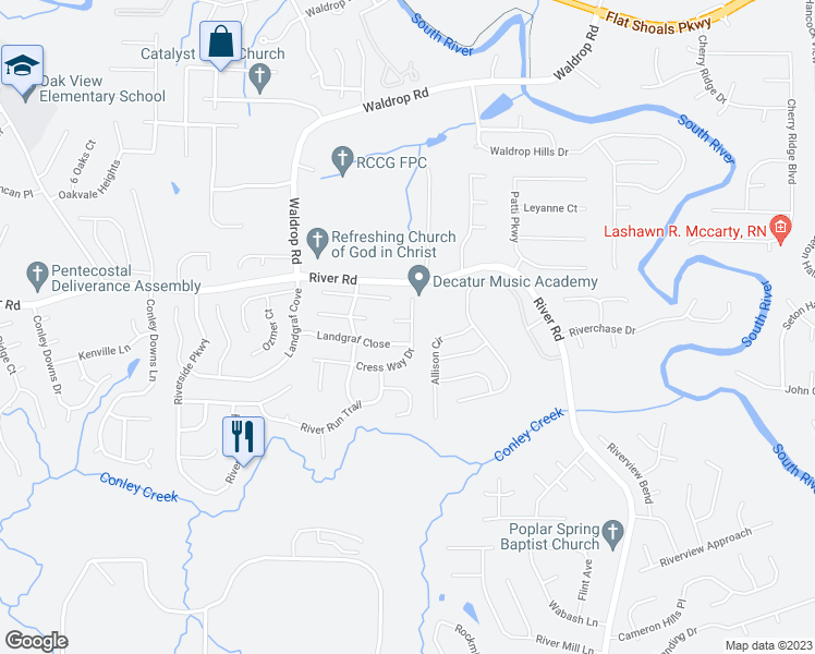 map of restaurants, bars, coffee shops, grocery stores, and more near 3311 Basking Shade Lane in Decatur