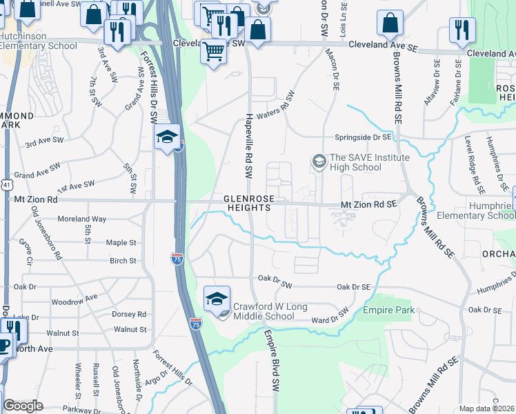 map of restaurants, bars, coffee shops, grocery stores, and more near 3028 Empire Boulevard Southwest in Atlanta