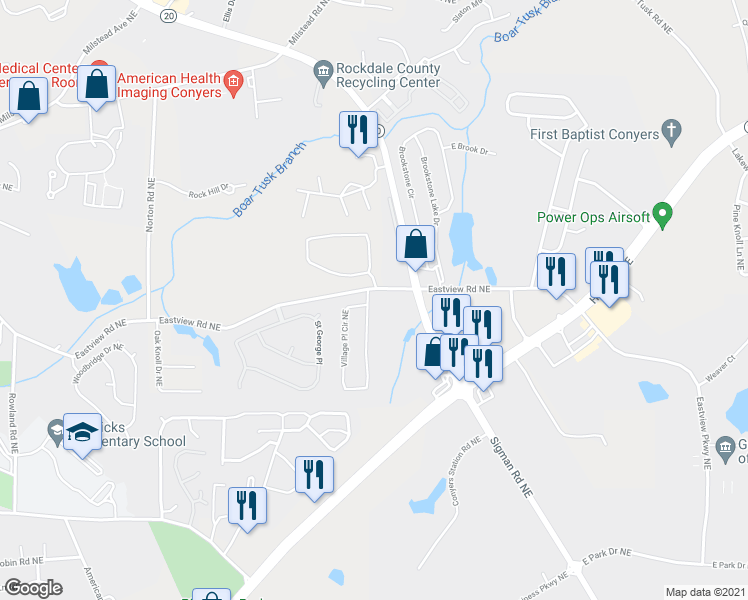 map of restaurants, bars, coffee shops, grocery stores, and more near 1602 Village Place Circle Northeast in Conyers