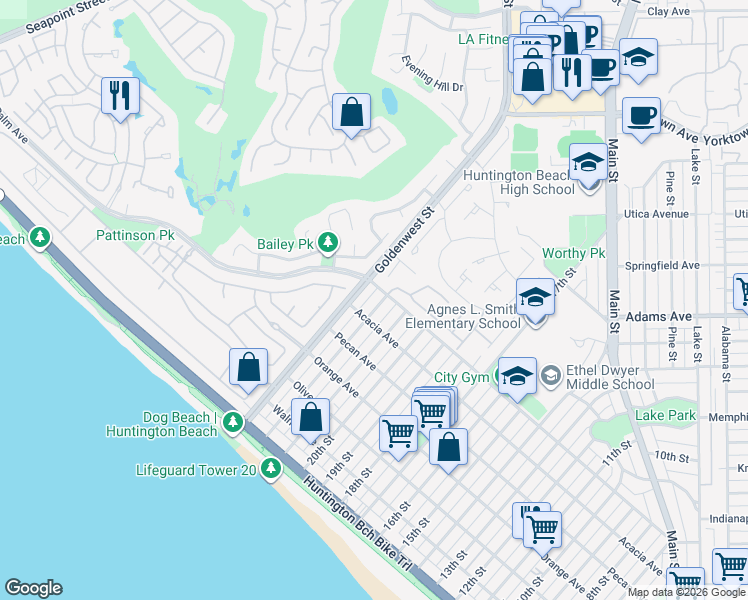 map of restaurants, bars, coffee shops, grocery stores, and more near 525 22nd Street in Huntington Beach