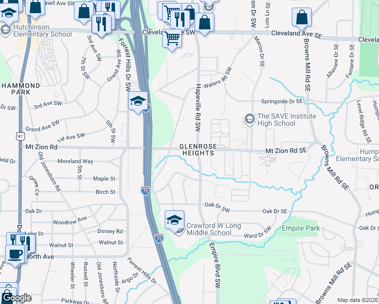 map of restaurants, bars, coffee shops, grocery stores, and more near 181 Glenrose Circle Southwest in Atlanta