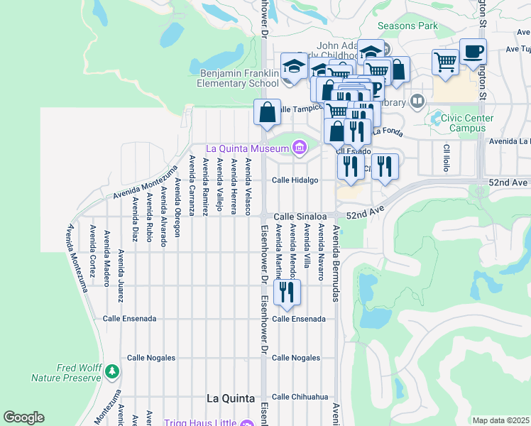 map of restaurants, bars, coffee shops, grocery stores, and more near Eisenhower Drive in La Quinta