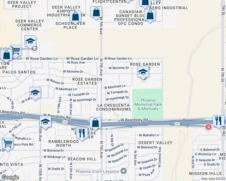 map of restaurants, bars, coffee shops, grocery stores, and more near 602 West Hononegh Drive in Phoenix