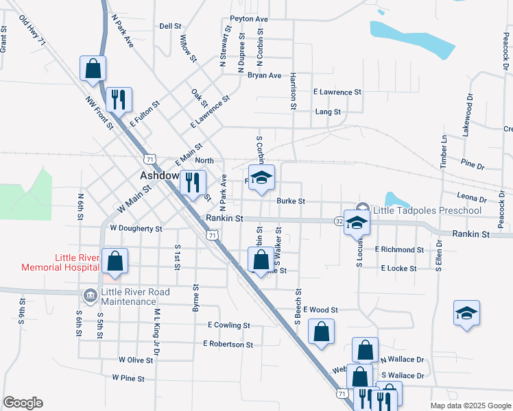 map of restaurants, bars, coffee shops, grocery stores, and more near 460 Rankin Street in Ashdown