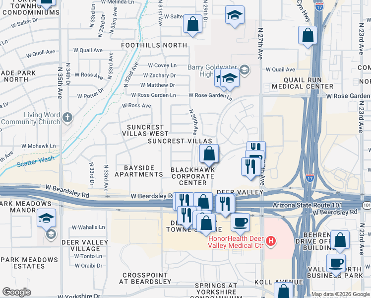 map of restaurants, bars, coffee shops, grocery stores, and more near 3002 West Tonopah Drive in Phoenix