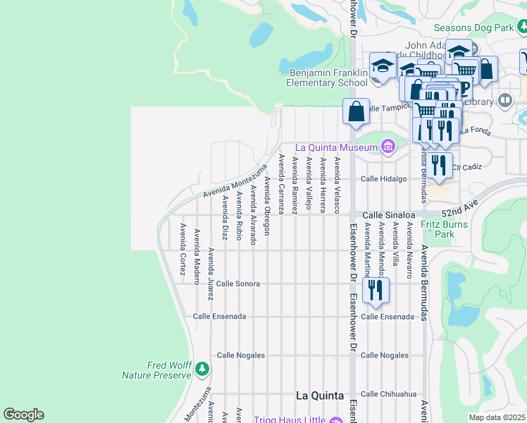 map of restaurants, bars, coffee shops, grocery stores, and more near 51735 Avenue Obregon in La Quinta