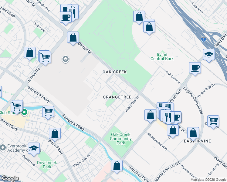 map of restaurants, bars, coffee shops, grocery stores, and more near 85 Orange Blossom in Irvine