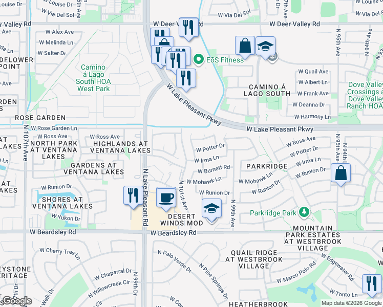 map of restaurants, bars, coffee shops, grocery stores, and more near 10110 West Potter Drive in Peoria