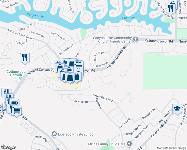 map of restaurants, bars, coffee shops, grocery stores, and more near 30861 Blackhorse Drive in Canyon Lake