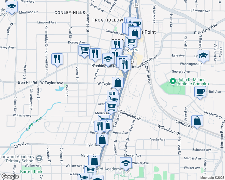 map of restaurants, bars, coffee shops, grocery stores, and more near 3026 East Point Street in East Point